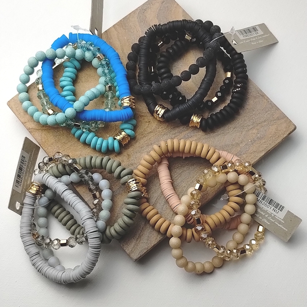 Bracelet 4 Stackable Stretch Beaded Clay Wood Glass Multi Gold Colored